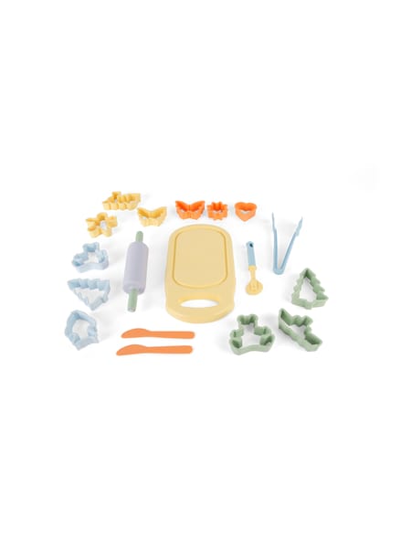 Modellervoks-tilbehør i gule, orange og grønne farver med værktøjer og forme